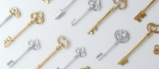 Obraz premium Isolated golden and silver vintage keys arranged artistically on a clean white background for decorative or conceptual purposes.