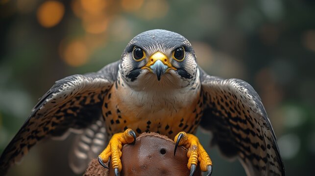 Peregrine falcon perched on a leather glove showcasing falconry skills with intense gaze and detailed plumage in natural setting