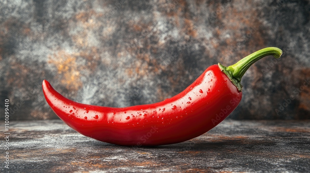 Poster fresh red chili pepper on a textured background with droplets of water highlighting its vibrant colo