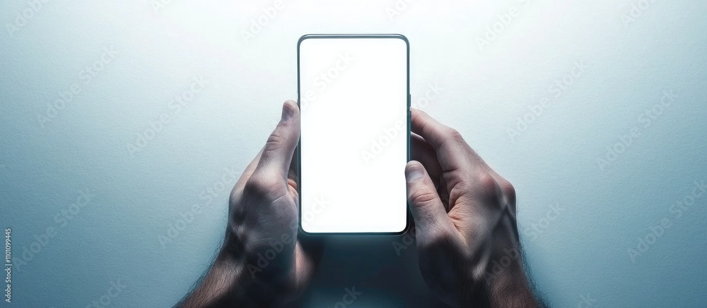 Poster man using a smartphone with a blank screen against a white background symbolizing technology communi