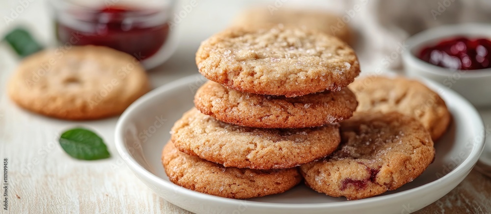 Aufkleber homemade cookies with jam stacked on a plate with natural light creating a warm inviting atmosphere 