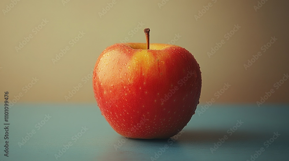 Poster fresh red apple with droplets on a blue surface showcasing vivid color and texture against a soft gr