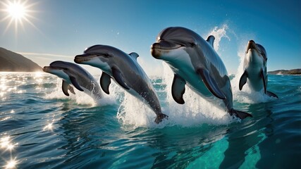 Fototapeta premium Playful Dolphins jump out the ocean