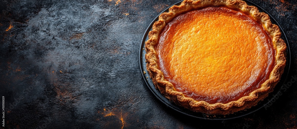 Aufkleber homemade pumpkin pie aerial view on dark rustic background with blank space for text or branding