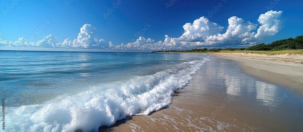 Aufkleber serene beach view with gentle waves and cloudy blue sky creating a calm and tranquil coastal atmosph