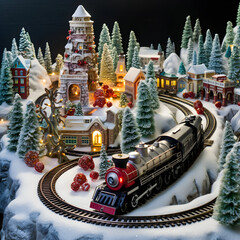 Fully bright holiday train set winding through