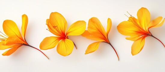 Saffron flower petals elegantly arranged on a clean white background showcasing their vibrant orange-yellow hues and delicate textures