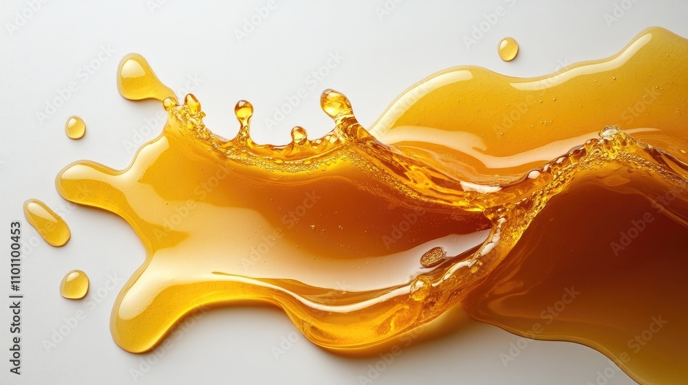 Poster golden honey spill creating an abstract pattern on a white background showcasing natural sweetness a