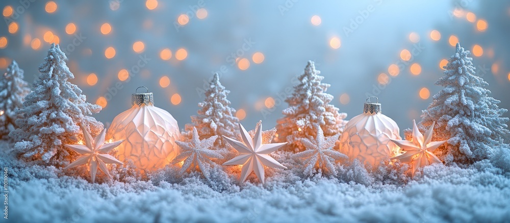 Poster christmas lanterns and stars in a winter wonderland setting with soft glowing lights and snowy trees