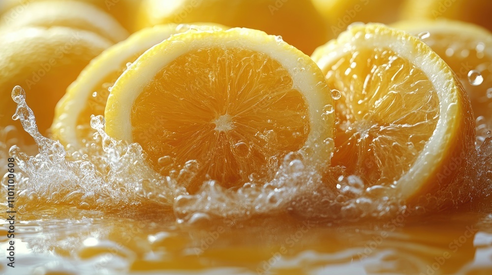 Poster fresh lemon slices splashing in water creating a vibrant and refreshing summer beverage backdrop on 