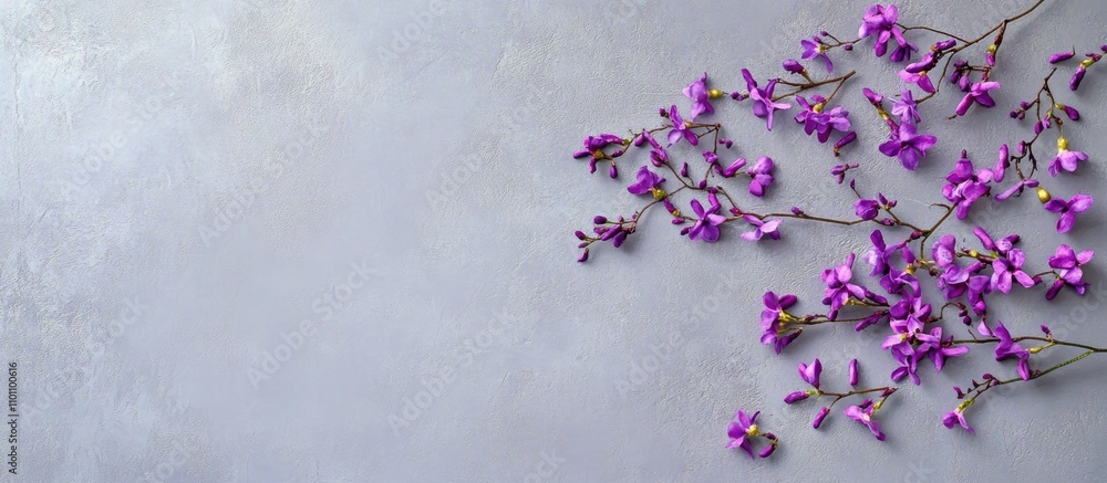 Poster purple flowers on a grey textured background creating a design template for copyspace and artistic p