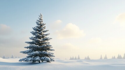 Fototapeta premium A snow covered pine tree stands in a field of snow