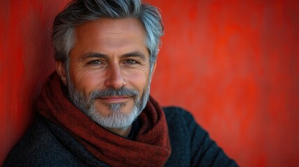 Obraz premium Confident gray-haired man in a stylish scarf against a vivid red background ideal for showcasing advertisement solutions and messaging.