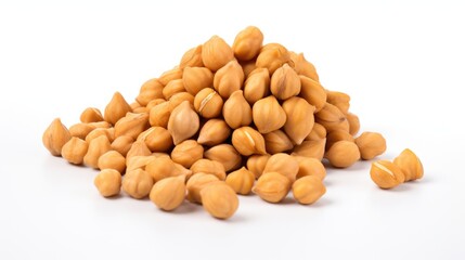 Raw chickpeas piled on a white background showcasing their natural texture and color ideal for food-related projects and healthy cooking concepts