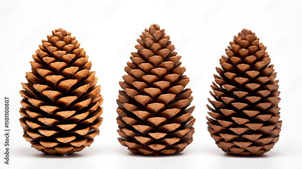 Aufkleber Three distinct large sequoia cones beautifully arranged on a clean white background showcasing natural texture and details in a minimalistic style