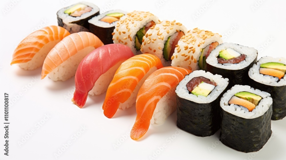 Aufkleber Delicious array of assorted sushi rolls and nigiri displayed on a clean white background showcasing vibrant colors and textures