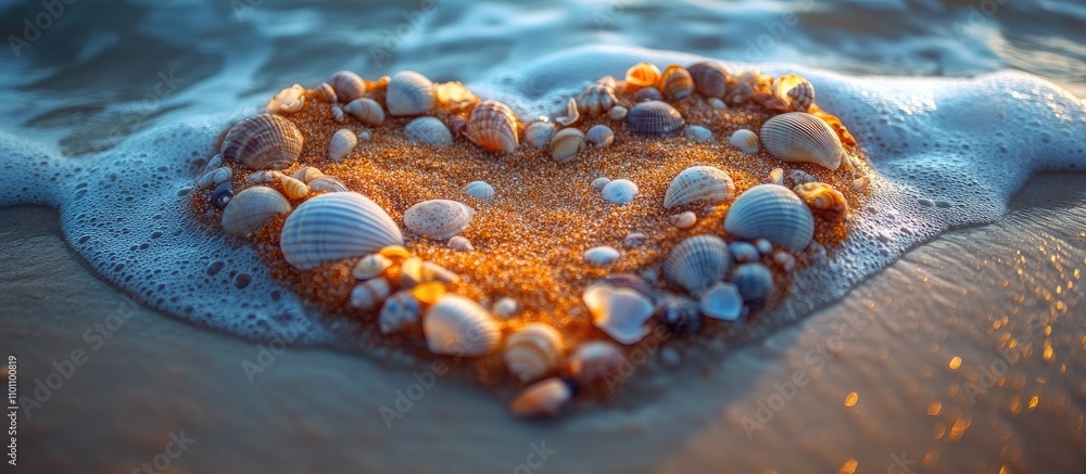 Poster heart-shaped shell arrangement on orange sand with gentle waves creating a serene beach atmosphere i