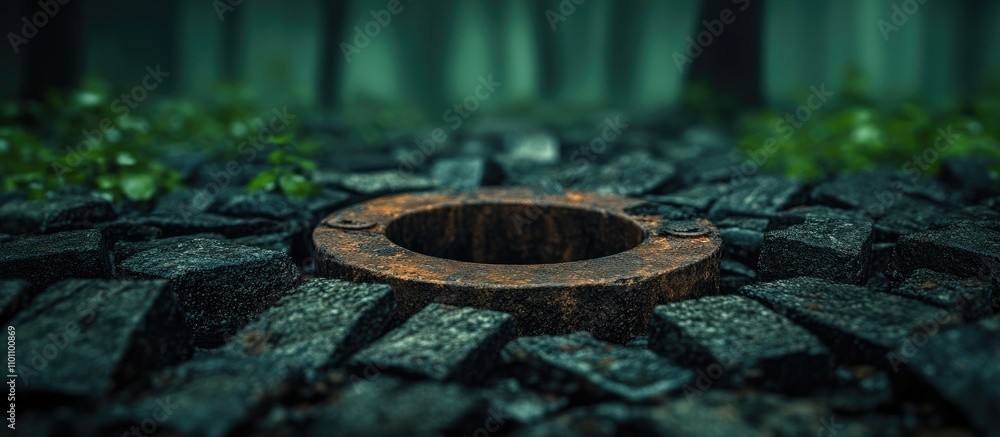 Poster Tree trunks framing a rusty metal well cover highlighting the intersection of urban forestry and infrastructure in a serene forest setting