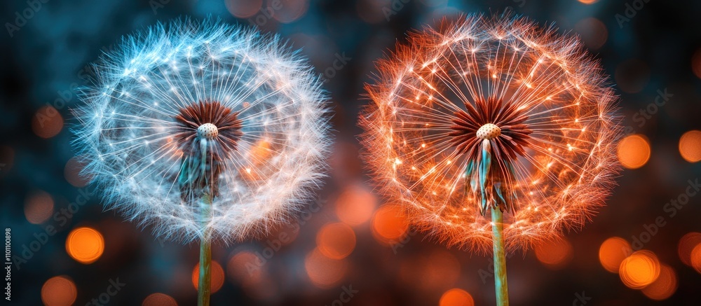 Poster Two vibrant overlapping fireworks resembling dandelions in white and reddish orange against a blurred background of colorful bokeh lights