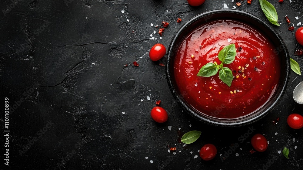Aufkleber rich red ketchup in a black bowl garnished with fresh basil on a textured dark background surrounded