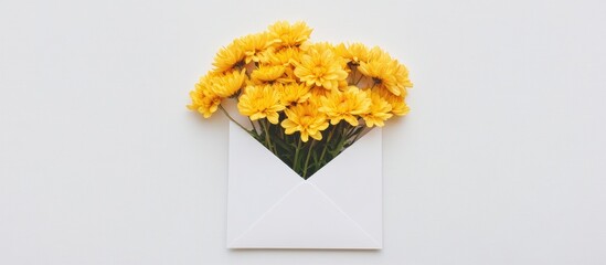 Yellow chrysanthemums in a small white envelope on a clean background conveying freshness and simplicity in floral arrangements.