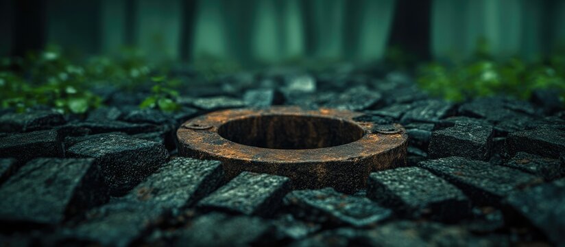 Tree trunks framing a rusty metal well cover highlighting the intersection of urban forestry and infrastructure in a serene forest setting