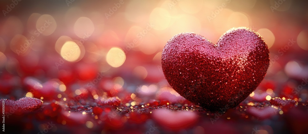 Poster red glittering heart with shimmering bokeh background and scattered petals creating a romantic atmos