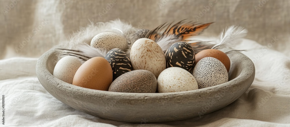 Poster natural colored easter eggs with feathers arranged in a bowl on linen creating a stylish festive dec