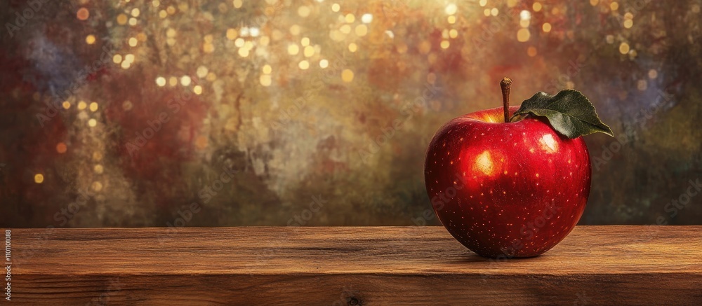 Poster rustic christmas backdrop with a red apple on wooden table against a shimmering bokeh background cre
