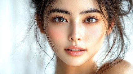 Naklejka premium Elegant portrait of a young Asian woman with natural makeup showcasing flawless skin and captivating eyes against a soft white background