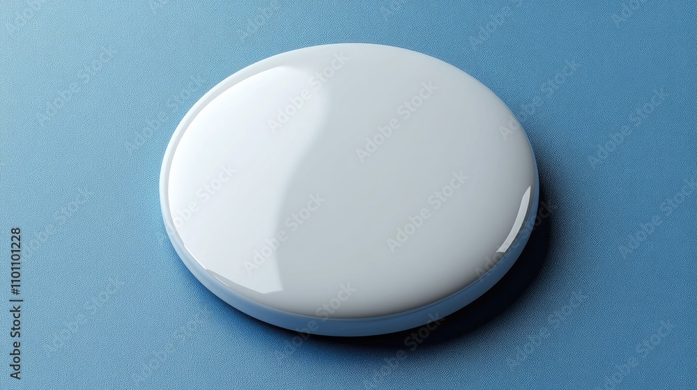Poster glossy white circular pin badge template on blue background for custom design or branding display us