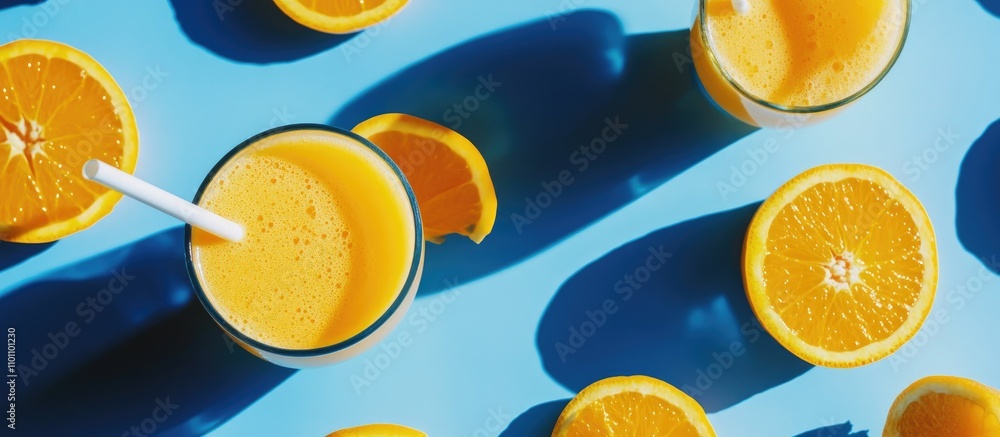 Poster refreshing orange juice smoothie in clear glasses with vibrant citrus slices on a bright blue backgr