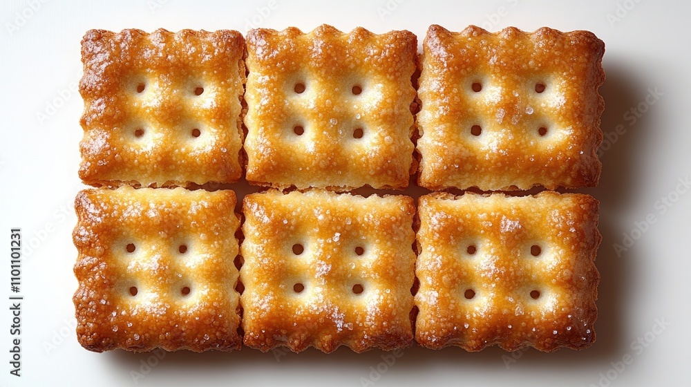 Aufkleber Top view of golden cracker biscuits arranged in a neat pattern on a white background perfect for snack or food related concepts