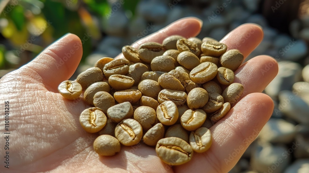 Poster texture of maragogype gourmet coffee beans held in a hand with green background highlighting their u