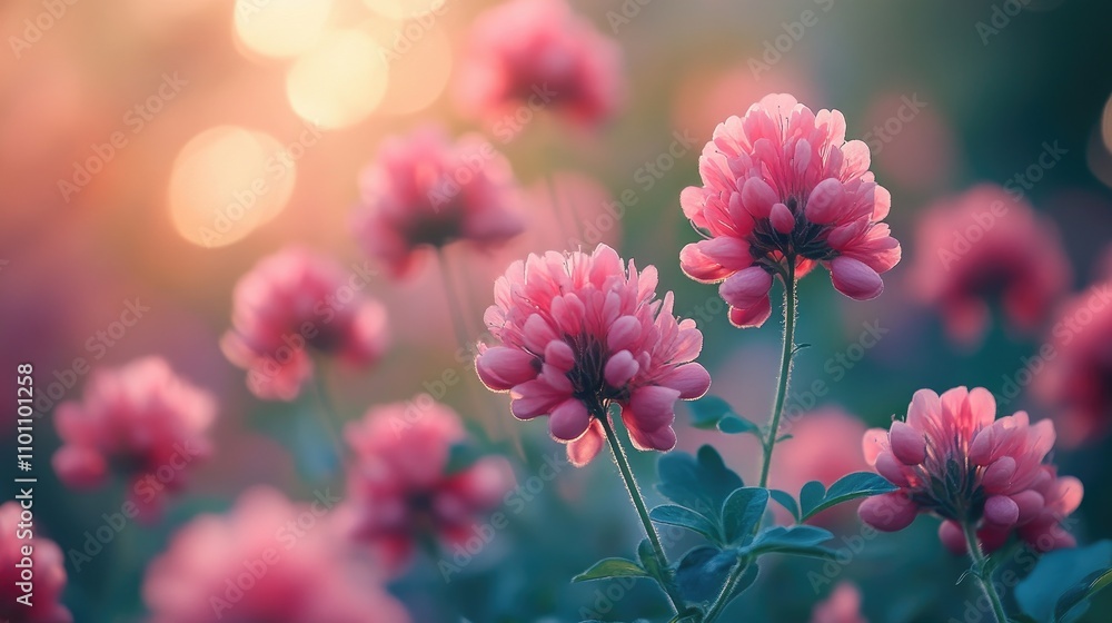 Poster Vibrant spring flowers in soft focus with warm sunlight creating a dreamy bokeh background highlighting nature's beauty and freshness