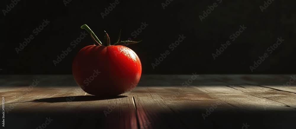 Poster freshly harvested ripe tomato on rustic wooden surface illuminated by dramatic lighting creating a s