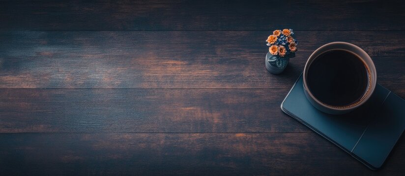 Workspace aesthetics with a wooden table featuring a laptop, books, a figurine, and flowers creating an organized and stylish environment. - Powered by Adobe