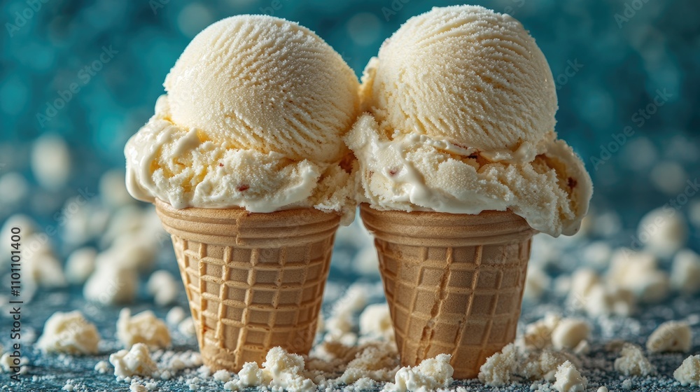 Poster delicious vanilla ice cream scoops served on cones with a vibrant blue background creating a temptin