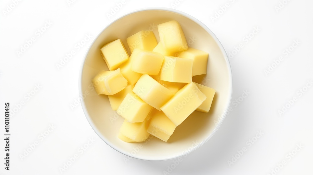 Aufkleber butter cubes in a bowl isolated on a white background showcasing a top-down perspective ideal for cu