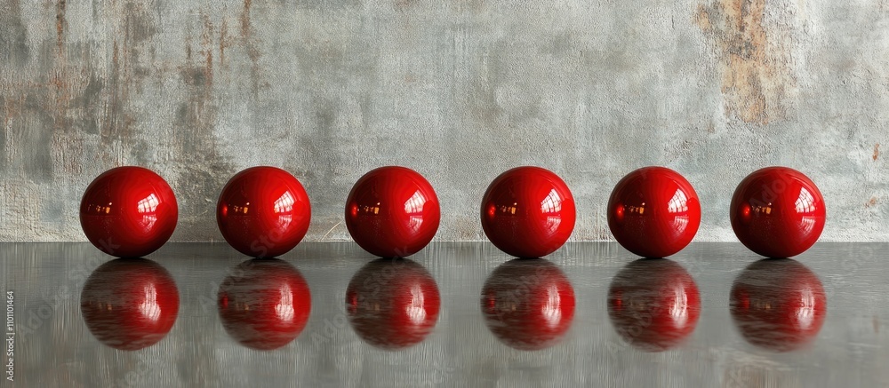 Aufkleber red glossy christmas baubles arranged in a line reflecting on a silver textured surface creating a f
