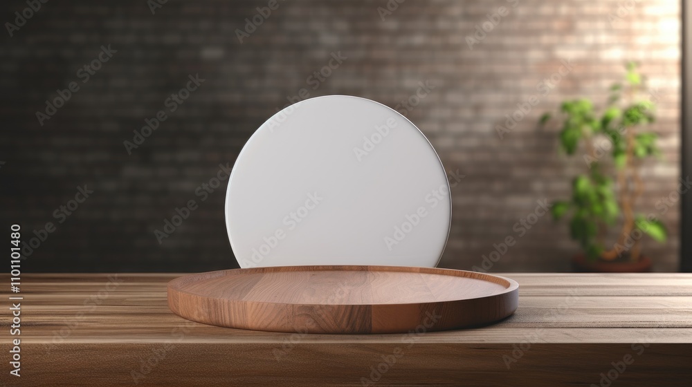 Aufkleber circular kitchen mockup with an empty plate on a wooden table and a rustic podium in a warm, invitin