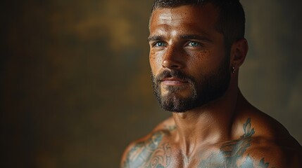Muscular male model with tattoos posing in studio portraiture against a dramatic shadowed backdrop showcasing strength and artistry
