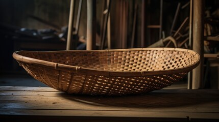 Fototapeta premium Traditional bamboo threshing basket displayed in a rustic workshop emphasizing craftsmanship and cultural heritage
