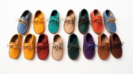 Product photography showcasing colorful moccasins and shoes arranged on a white background with space for text and branding opportunities.