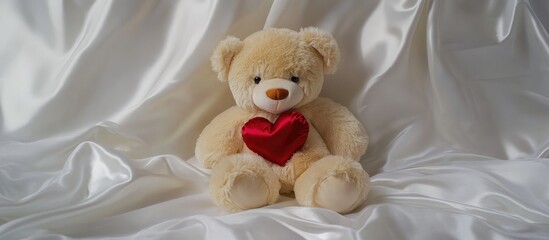 Teddy Bear Holding Red Heart on Luxurious White Silk Background for Valentine's Day or Romantic Themes