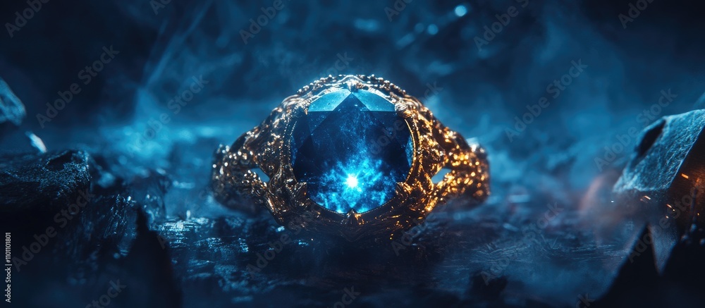 Poster glittering blue gemstone ring illuminated by ambient light showcasing intricate design and texture i
