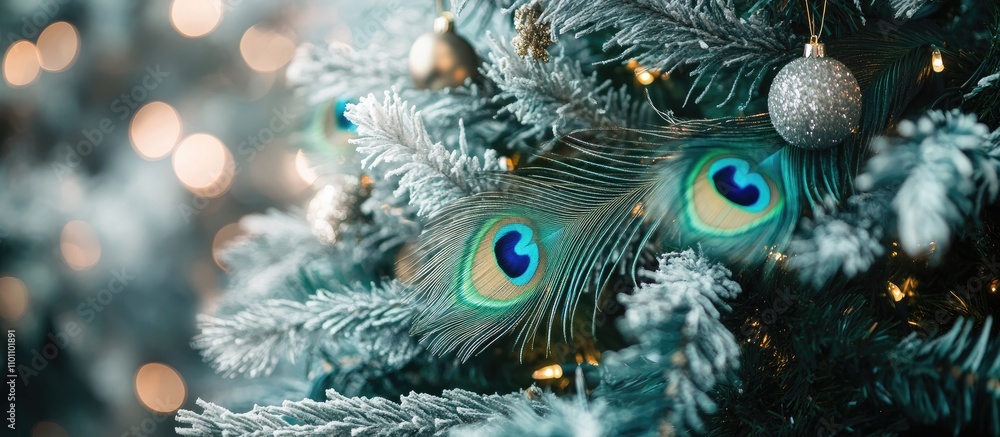 Poster elegant light green christmas tree decorated with peacock feathers in azure colors featuring beautif
