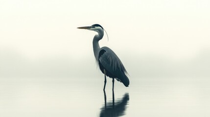 Naklejka premium Elegant bird silhouette in misty atmosphere reflecting in still water under a soft grey sky background