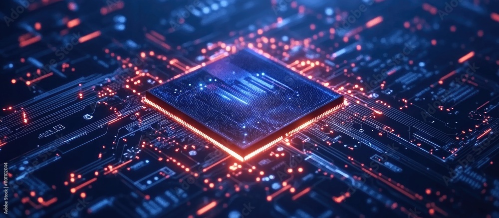 Poster advanced semiconductor technology with integrated circuits and electronic components illuminated on 