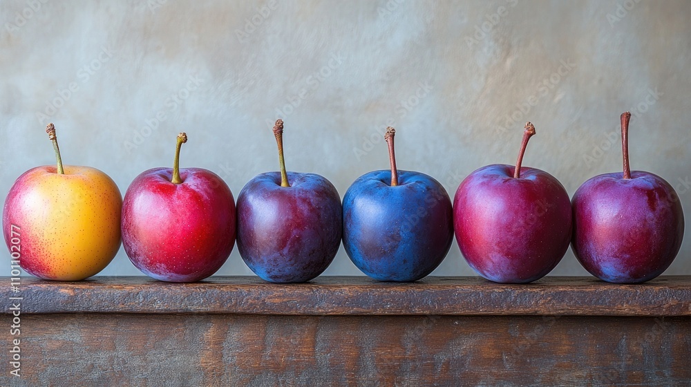 Poster colorful assortment of plums arranged in a row on a rustic wooden surface with textured background s